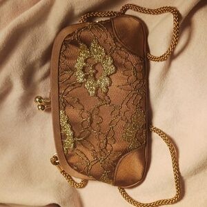 Kate Landry Brown Satin Small Corded Evening Bag w/ Gold Leaf Design